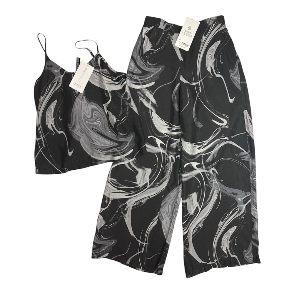 Athleta NWT Marble Print Wide Leg Pants & Cami Travel Lounge Set Black White